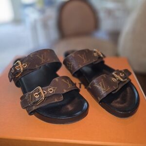 Louis Vuitton Brown Monogram Sandals with Gold Buckles (Mules) Size 37 (US 7)